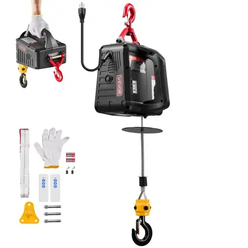 VEVOR elektrische lier, hefvermogen 500 kg, 2-in-1 elektrische takel, 1500 W, hefhoogte 7,6 m, hefsnelheid 5 m/min, met handmatige en draadloze afstandsbediening voor fabriek, magazijn en garage.