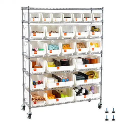 VEVOR vrijstaande opbergkast, opbergrek met 7 niveaus en 26 stapelbare dozen, boekenplank, keukenrek op wielen, verrijdbaar opbergrek voor garage, magazijn, kantoor, restaurant, klaslokaal, keuken, 355x1110x1480 mm