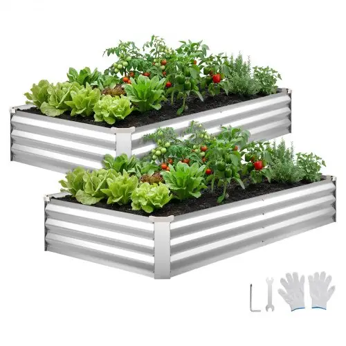 VEVOR Verhoogd tuinbed, Metaal, 2-delige set, 180x90x30 cm, Rechthoekig tuinbed, Plantenbakset voor buiten, Groentebed met handschoenen, Bloembed zonder bodem, Plantbed voor bloemen en groenten, Zilver
