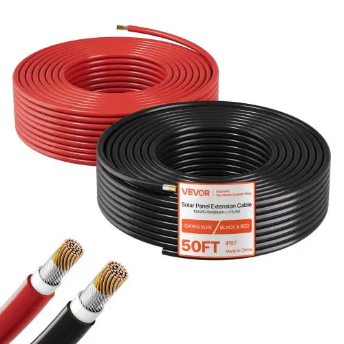 VEVOR Solar Kabelverlenging, 15,2 m zwart & 15,2 m rood, 10 AWG Solar Verlengkabel, Vertinde Koperkabel voor Off-Grid Fotovoltaïsche Systemen op Huizen, Voertuigen, Campers, Boten, IP67