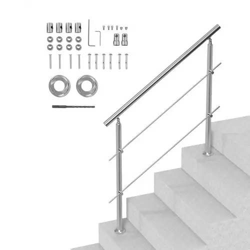 VEVOR buitenleuningen voor trappen, 120 cm lang, 2 dwarsbalken, trapleuningset, roestvrijstalen overgangsleuning met montageset, dubbele trapleuning voor senioren, veranda en terras