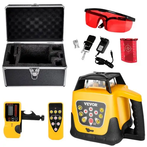 VEVOR Roterende Laserwaterpas, rode straal, 300 m bereik, instelbare kanteling, 360° draaibaar, zelfnivellerend, flexibele scanhoek, incl. afstandsbediening, ontvanger en draagtas