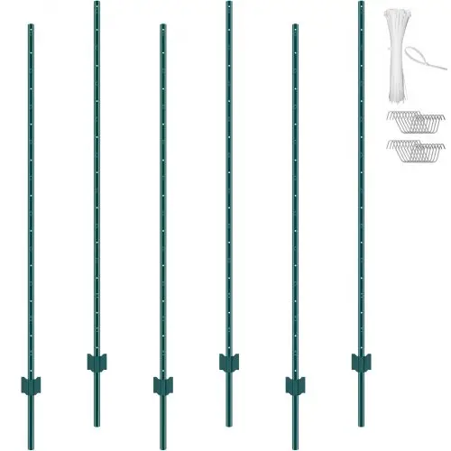 VEVOR 6 voet hekpaal, 6 stuks T-paal zware metalen hekpalen, stevige stalen hekpalen voor tuin, gazon, boerderijen en buitenhekwerk met gaas, groen