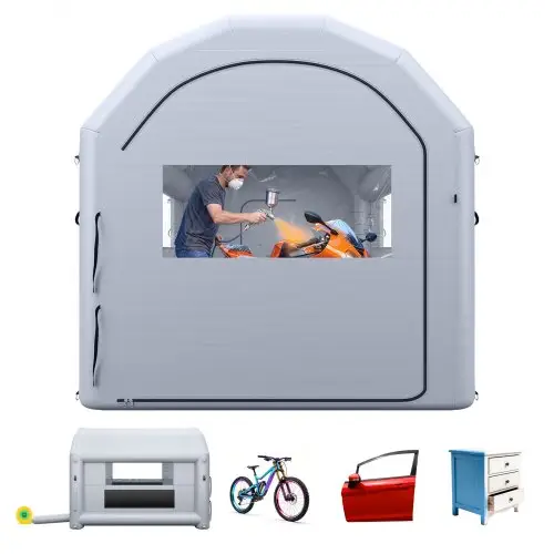 VEVOR Opblaasbare Spuitcabine 4x3x2,75 m Spuitcabine Verftent Grijs, met 750W Ventilator & Actieve Koolstoffiltratie, PVC Ramen, Gebogen Dak voor Fietsen, Motoren & Meubels, Draagbaar
