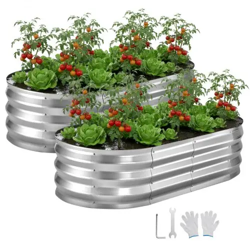VEVOR Verhoogd tuinbed, Metaal, 2-delige set, 120x60x30 cm, Ovaal tuinbed, Plantenbakset voor buiten, Groentebed met handschoenen, Bloembed, Plantbed voor bloemen en groenten, Zilver