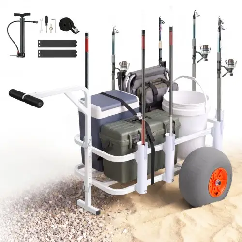 VEVOR opvouwbare viskar, 136 kg zware wagen met 2 PU-luchtbanden voor alle terreinen, transportkar met aluminium frame en 8 hengelhouders, multifunctionele transportkar voor vissen, kamperen en het strand