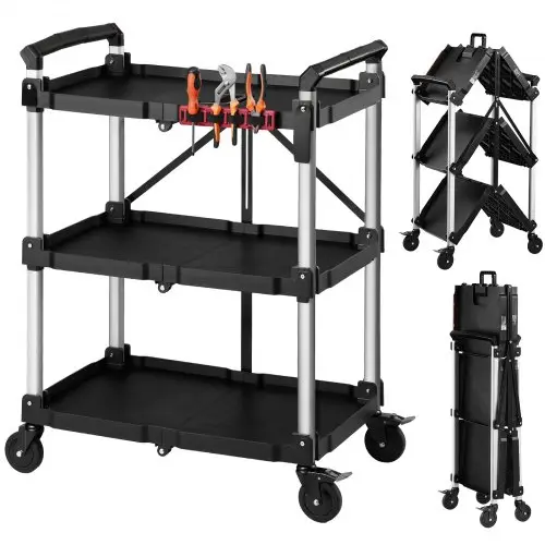 VEVOR Service-/Werkplaatstrolley van ABS, opvouwbaar, 790x500x1050 mm, zwart, rolwagen met een draagvermogen van 136 kg, inclusief 3 niveaus, 4 zwenkwielen en handgrepen, afsluitbaar, multifunctionele trolley voor garage, magazijn en werkplaats