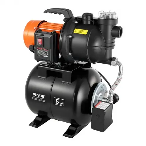 VEVOR Huishoudelijk Waterleidingsysteem 735 W, 3785 l/u Jetpomp met 19 l drukvat, 39 m opvoerhoogte, incl. filter, terugslagklep en kunststof pompkop, voor automatische tuinirrigatie en huishoudelijke watervoorziening.