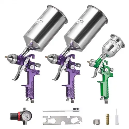 VEVOR 3-delige verfspuitset, verfspuitpistool, spuitpistool met 3 spuitmonden (1/1,4/1,8 mm), 3 bekers en luchtregelaar, zwaartekracht-autolakspuit voor primer, aflak en bijwerking