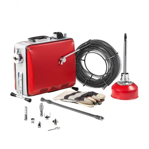 VEVOR elektrische afvoerontstopper, 400 W, 1400 tpm, afvoerontstopper, 20 m x 16 mm en 5 m x 9,5 mm veerkabel, 0,4 m x 12 mm flexibele veer en 6 snijmessen, voor buizen met een diameter van 50-110 mm