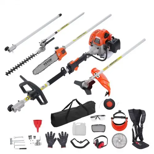 VEVOR 52CC 6-in-1 multifunctionele heggenschaar, benzineheggenschaar, onkruidverdelger, draadtrimmer, bosmaaier, kantenmaaier, stoksnoeischaar, kettingzaag, snoeizaag met verlengstok