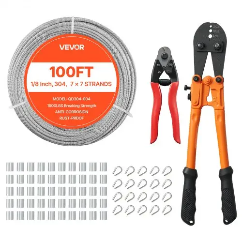 VEVOR roestvrijstalen staalkabel φ3,2 mm 30,5 m lengte, staalkabel gemaakt van roestvrij staal 304 met een breeksterkte van 7,1 kN, 7x7 strengen, staalkabel voor terrasleuningen, tuinhekken, incl. krimptang.