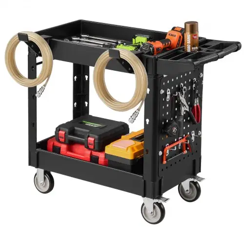 VEVOR Servicetrolley, Werkplaatstrolley, Gereedschapstrolley, PP 1010x440x845mm Zwart, Roltrolley met een draagvermogen van 250 kg, Incl. 2 zwenkwielen, ophanghaken en handgreep met opbergvak, Multifunctionele trolley voor garage en werkplaats