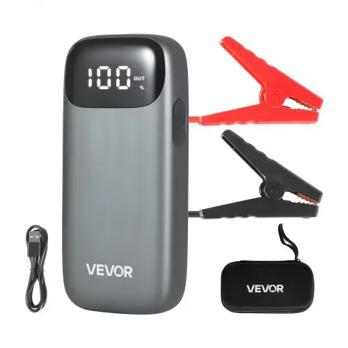 VEVOR Jump Starter Power Bank, startbooster met een piekvermogen van 6000A, inclusief LED-zaklamp en kabel, geschikt voor diesel- en benzinemotoren tot 10 liter. Deze auto-accubooster biedt snelladen en veiligheidsbescherming voor noodgevallen.