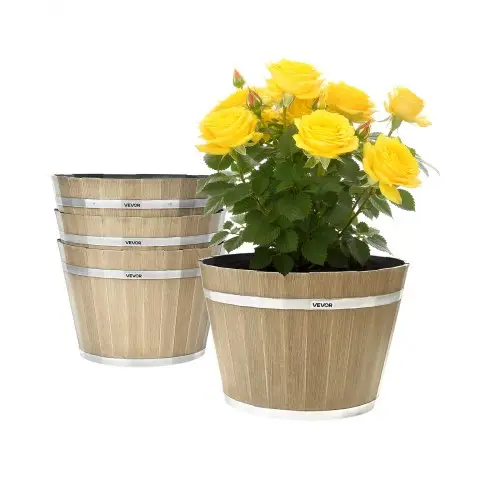 VEVOR Bloempotten 300 x 210 mm, 4-pack whiskyvatplantenbakken met drainagegaten, kunststof wijnvatplantenbak voor binnen- en buitenplanten, tuin, huis, bruin