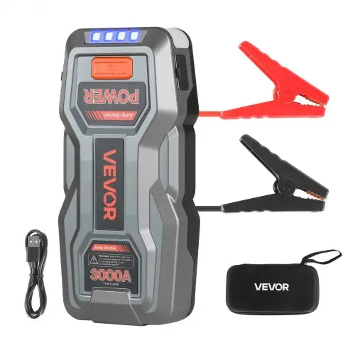 VEVOR Jump Starter Powerbank, startbooster met een piekvermogen van 3000A, inclusief LED-zaklamp en kabel, geschikt voor motoren tot 9 liter benzine/7 liter diesel. Draagbare booster met snelladen en veiligheidsbescherming voor noodgevallen.