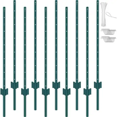 VEVOR 120 cm lange hekpalen, 10-pack T-palen, zware metalen hekpalen, stevige stalen hekpalen voor tuinen, gazons, boerderijen en buitenhekken van gaas, groen