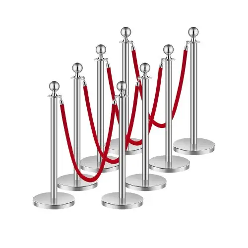 VEVOR Drijvende barrière (8 stuks) met 4 rode fluwelen touwen (1,5 m lang), roestvrijstalen drangende barrière met navulbare voet voor tentoonstellingen, zilver