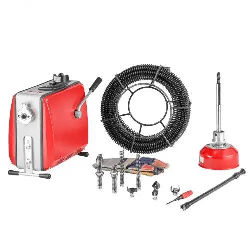 VEVOR elektrische pijpreinigingsmachine, 500 W, 1400 tpm, afvoerontstopper, 20 m x 16 mm & 5 m x 9,5 mm veerkabel, 0,4 m x 16 mm flexibele veer & 8 snijbladen, voor leidingen met een diameter van 50–110 mm