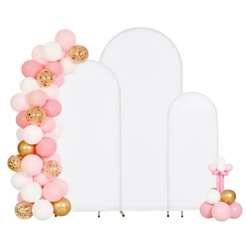VEVOR Trouwboog, Set van 3, 1,8/1,5/1,2 m, Achtergrondstandaard, Goudkleurige metalen ballonnenboog met hoes, voor bruiloften, verjaardagsfeesten, diploma-uitreikingen, festivals en ceremoniedecoraties