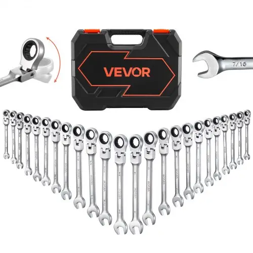 VEVOR 24-delige ratelsleutelset met flexibele kop (metrisch en SAE) 72 tanden, ratelringsleutelset gemaakt van Cr-V-staal met opbergkoffer, steeksleutels voor huishoudelijke reparaties en voertuigonderhoud