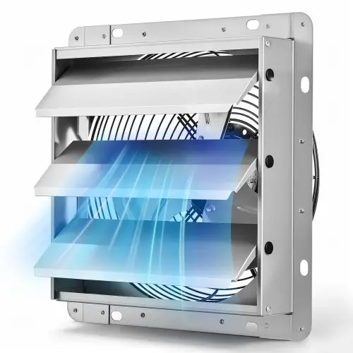 VEVOR 269mm afzuigventilator met lamellen, industriële wandventilator, 25,5W, stalen behuizing, wandmontage, 1380m³/h, 1400rpm, stille werking, ventilatie + koeling voor garage, kas, werkplaats, stal