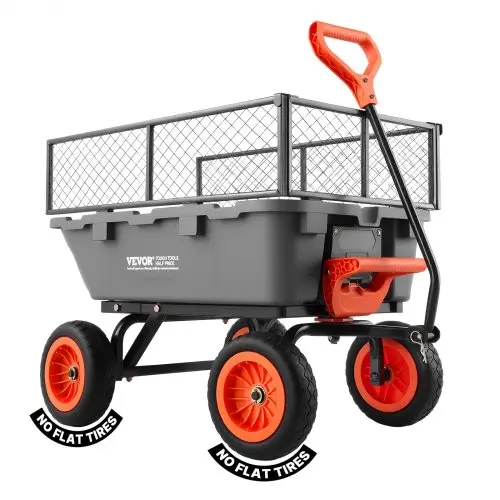 VEVOR tuinkar met kantelfunctie, 362 kg draagvermogen, 270° draaibare transportkar voor tuinieren, gemaakt van kunststof en staal met 10-inch kunststof banden, metalen hekwerk voor gazon, grind en modder.