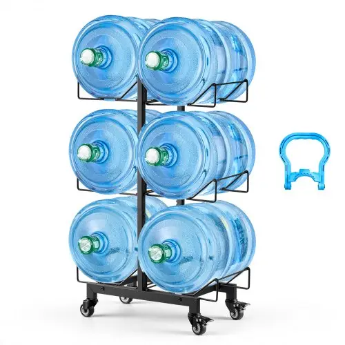 VEVOR Waterfleshouder, 3 lagen, dubbele rijen, voor 6 flessen, waterkanrek met wielen, waterdispenserrek, waterflesrek, watercontainerrek voor keuken, kantoor en woonkamer