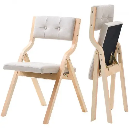 VEVOR Opvouwbare tuinstoel met gevoerd kussen en houten frame, set van 2, moderne eetkamerstoel voor keuken, kantoor, feest, keukenstoel, draagvermogen tot 180 kg (per stuk), opvouwbaar, beige + wit, ruimtebesparend