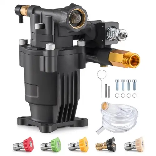 VEVOR hogedrukreinigerpomp, 3/4-inch as horizontaal, 3500 PSI, 2,5 GPM, vervangende hogedrukreinigerpompset met 5 sproeiers, hardware en sifonbuis, tot 150 uur, vervangende hogedrukreinigerpomp