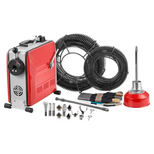 VEVOR elektrische pijpreinigingsmachine, 850W, inclusief veerkabel van 14,5 m x 16 mm, 14 m x 22 mm en 5 m x 9,5 mm, flexibele veer van 0,4 m x 12 mm en 11 snijbladen, voor leidingen met een diameter van 50–200 mm.
