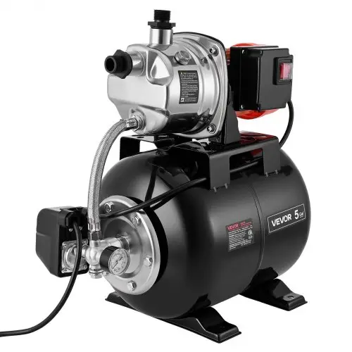 VEVOR Huishoudelijk Waterleidingsysteem 1 HP 3750 L/u Diepwaterpomp met 1,4-2,8 bar drukvat, voor tuin, gazon en huishoudelijk gebruik, 39 m opvoerhoogte, 8 m aanzuighoogte, IPX4 waterdichtheid en manometer