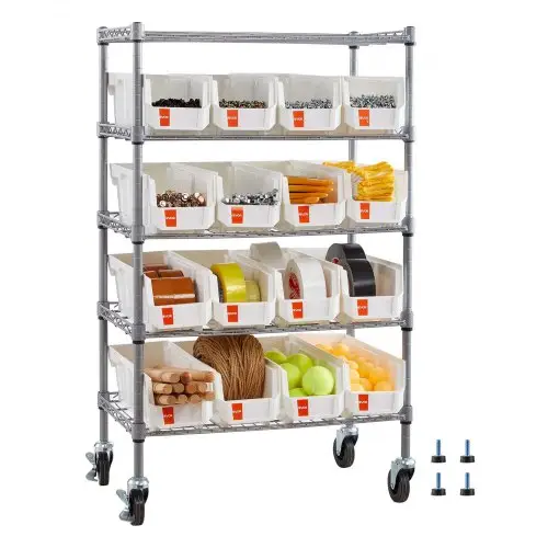 VEVOR vrijstaande opbergkast, opbergrek met 5 niveaus en 16 stapelbare dozen, boekenplank/keukenrek op wielen, verplaatsbare opbergkast voor garage, magazijn, kantoor, restaurant, klaslokaal, keuken, 610x355x1065 mm