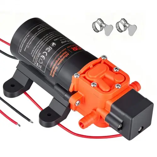 VEVOR membraanpomp, 12 V DC, 4,5 l/min, zelfaanzuigende 2-kamer membraanwaterpomp met 2 slangklemmen, maximale druk 5,5 bar, stille werking, voor campers, caravans, boten en tuinirrigatie.