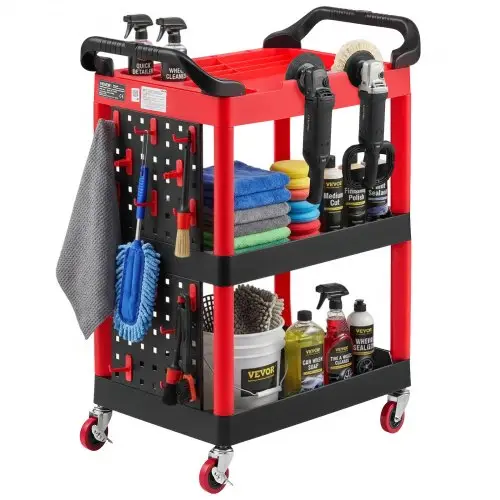 VEVOR Service Trolley Werkplaatstrolley PP Roltrolley 810x425x970mm Zwart & Rood, Gereedschapstrolley met een draagvermogen van 136 kg, incl. 3 niveaus & 4 wielen, gereedschapsbord & handgrepen, Multifunctionele trolley voor garage, werkplaats en magazijn