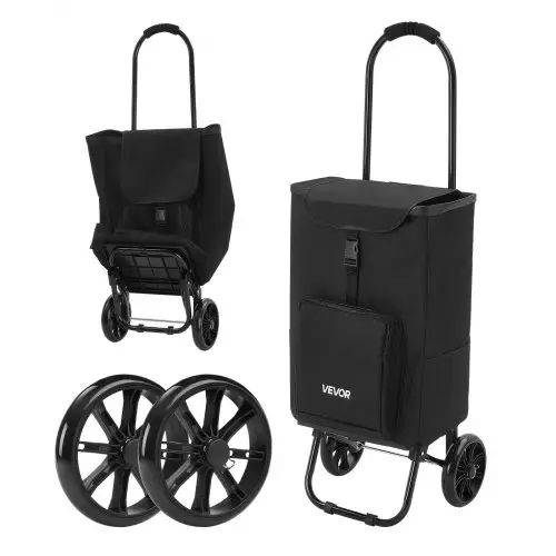 VEVOR boodschappentrolley, opvouwbare winkelwagen met een draagvermogen van 35 kg, zwart, inhoud van 27 liter, met koelvak, handgreep van schuimrubber + wielen, afneembare tas, 2-in-1 boodschappentrolley voor boodschappen doen