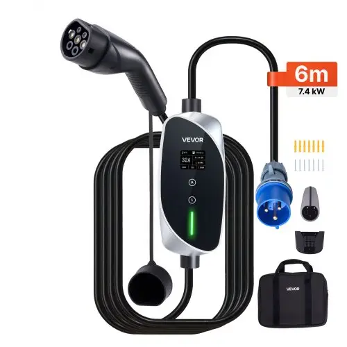VEVOR Mobile Wallbox, 7,4 kW, 32 A, Type 2 laadstation, draagbare eenfasige lader met 6 m laadkabel, CEE-stekker, LCD-scherm, IP66-besturingseenheid, voeding voor elektrische voertuigen