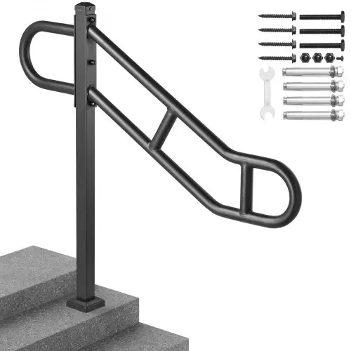 VEVOR Leuning met één paal voor 1-3 treden, buiten, 103 cm L x 90 cm H gebogen metalen trapleuning, op de vloer gemonteerde trapleuning van koolstofstaal, U-vormige handgreep met 2 antislip dwarsbalken voor garage