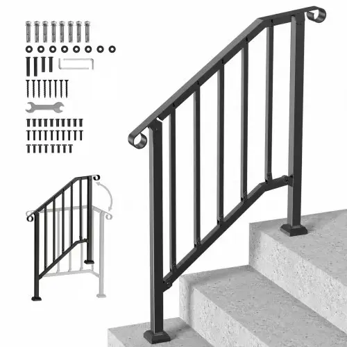 VEVOR Buitentrapleuningen, 2-3 treden trapleuningset, overgangsleuning van koolstofstaal met montageset, trapleuning voor senioren, betonnen treden, veranda en terras, zwarte retroboog