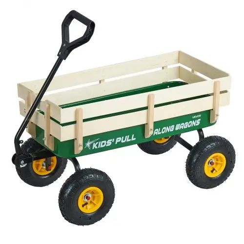 VEVOR Kinderhandkar, 102 cm, transportkar met duwstang, gemaakt van hout en metaal, max. 150 kg draagvermogen, ideaal voor kinderen vanaf 5 jaar, voor in de tuin, uitstapjes en op het strand, groen en geel