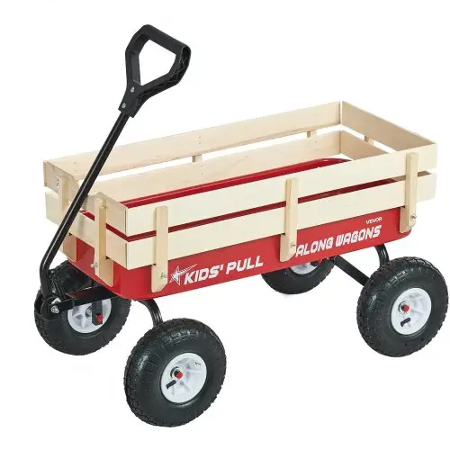 VEVOR Kinderhandkar, 102 cm, transportkar met duwstang, gemaakt van hout en metaal, max. 150 kg draagvermogen, ideaal voor kinderen vanaf 5 jaar, voor in de tuin, uitstapjes en op het strand, rood en zwart