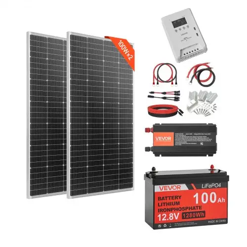 VEVOR 400W Complete Zonne-energiesysteem Kit, Off-grid zonne-energiesysteem inclusief 2 x 200W monokristallijne zonnepanelen, 12,8V 100Ah LiFePO4-accu, 40A MPPT-laadregelaar en 12V 1000W omvormer, Off-grid fotovoltaïsch systeem voor thuis