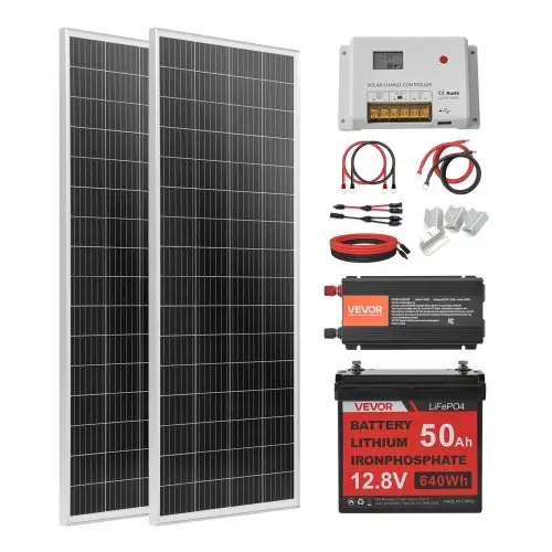 VEVOR 200W Complete Zonne-energiesysteem Kit, Off-grid zonne-energiesysteem inclusief 2 x 100W Mono zonnepanelen, 12,8V 50Ah LiFePO4 accu, 40A laadregelaar en 12V 800W omvormer, fotovoltaïsch off-grid systeem voor thuis of camper