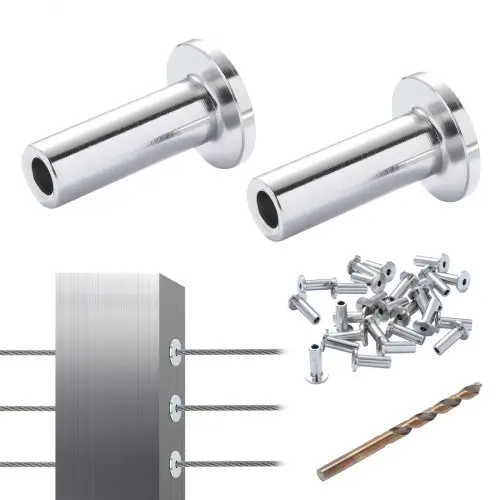 VEVOR 121 stuks T316 roestvrijstalen beschermhoezen voor 1/8 inch staaldraadkabelleuning, doe-het-zelf balustrade T316 maritieme kwaliteit, met een gratis boor, zilver