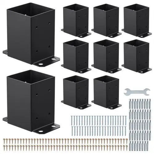 VEVOR 4x4 schroefhuls, 10 stuks, binnenmaat 91,44 x 91,44 mm, paalvoet, grondhuls van koolstofstaal, houten paalbeugels voor leuning van prieelpatio, steunplaat voor terras, zwart