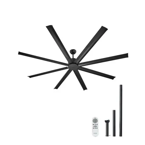 VEVOR 213 cm plafondventilator zonder licht, 6-snelheden afstandsbediening, 8 aluminium bladen, omkeerbare DC-motor, ventilator voor slaapkamer, woonkamer, terras, binnen/buiten, zwart