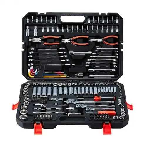 VEVOR 314-delige dopsleutelset met ratelsleutelbox met 1/4", 3/8" en 1/2" aandrijvingen, ratelsleutelset met omkeerbare ratel, universele gereedschapsset voor dagelijkse reparaties en doe-het-zelfprojecten.
