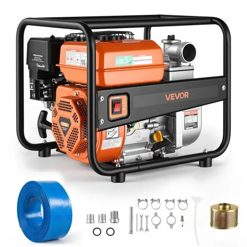 VEVOR benzine waterpomp 158 GPM, 2-inch vuilwaterpomp 7 pk draagbare motorpomp met 7,62 m afvoerslang en gietijzeren waaier. Waterpomp voor irrigatie, drainage, bouwplaatsen en vijvers.