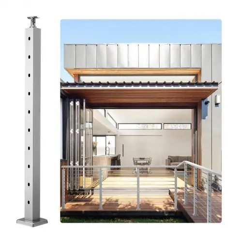 VEVOR kabelleuningpalen, 36" x 2" x 2" horizontale gaten, 10 voorgeboorde gaten, SUS304 roestvrijstalen palen met gebogen beugel, set van 1, zilver, 1JZLGZ91455YMDM3LV0