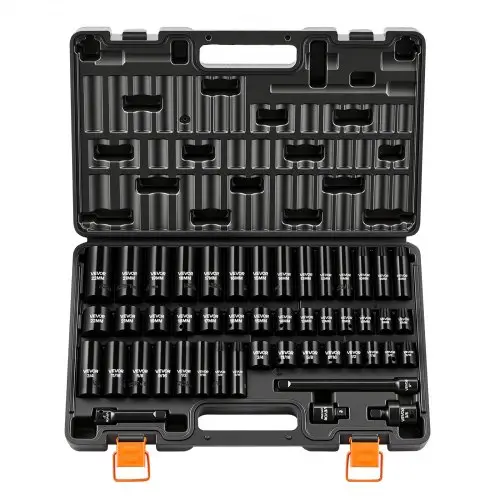 VEVOR Slagdopsleutelset, 3/8" aandrijving, 48-delig, Inbussleutels, SAE 5/16-3/4" & Metrisch 8-19 mm, 21-22 mm, Chroom-Vanadium Gelegeerd Staal, Verlengstuk, Adapter & Koffer